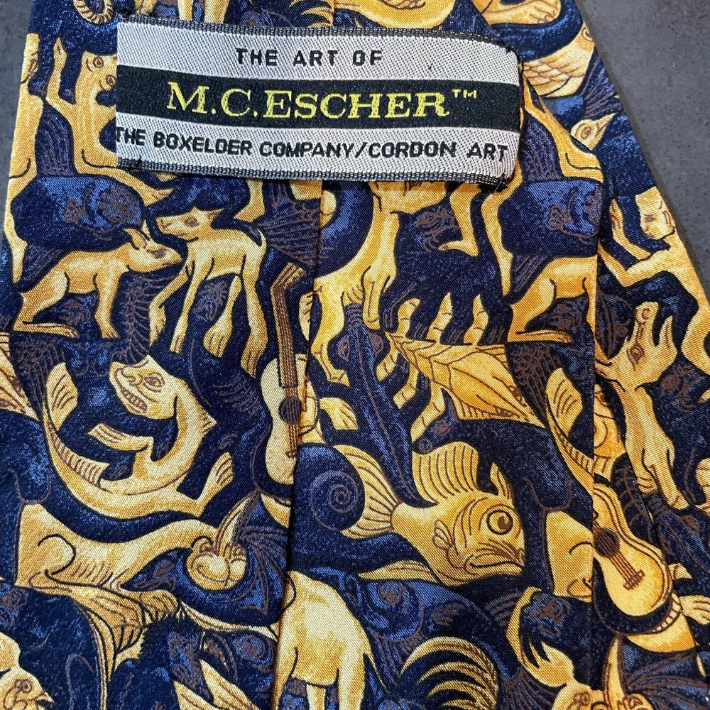 Escher tie blue yellow silk